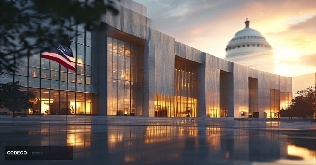 A photorealistic 8K editorial photograph showing the imposing facade of the Commodity Futures Trading Commission headquarters