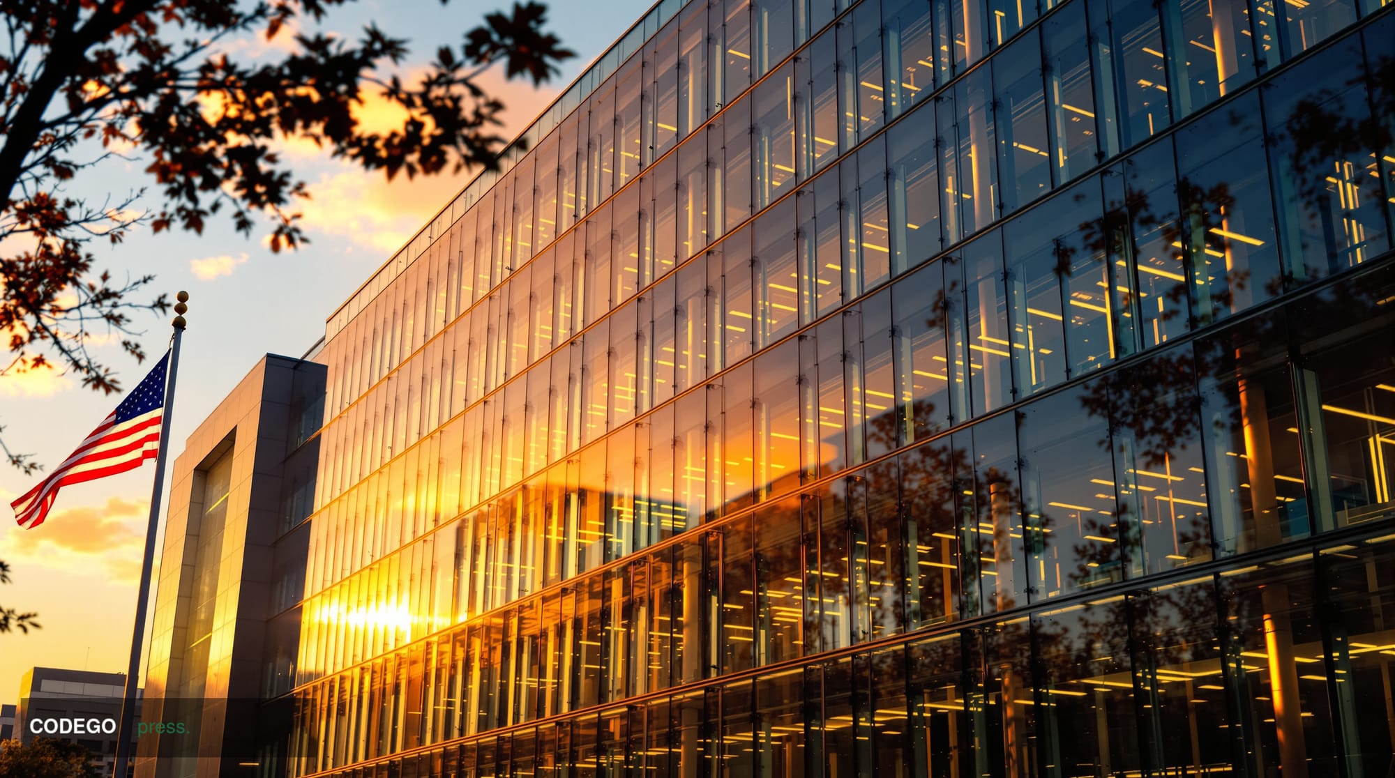 A dramatic wide-angle view of the U.S. Commodity Futures Trading Commission headquarters building in Washington D.C., photogr