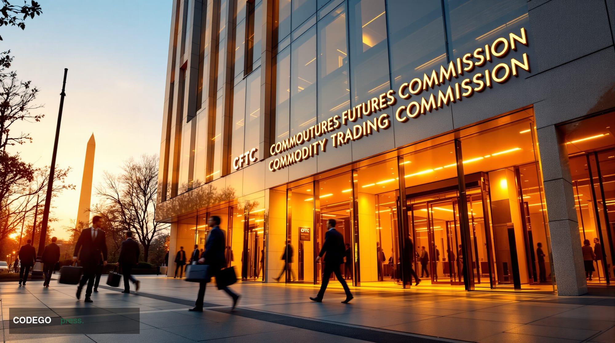 A dramatic wide-angle photograph of the CFTC headquarters building in Washington DC during golden hour, showing the distincti