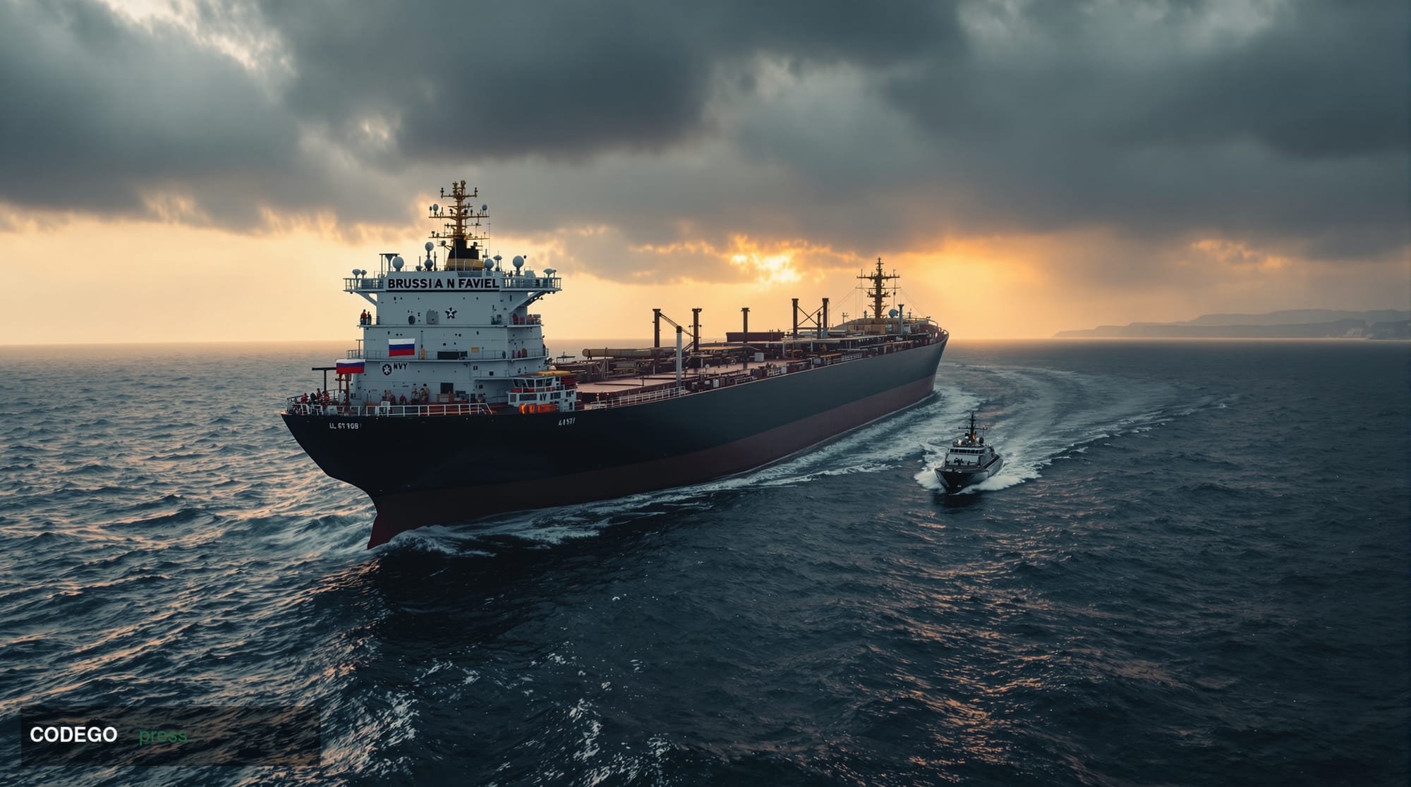 A dramatic photorealistic editorial photograph capturing a British naval vessel intercepting a large oil tanker in the Englis