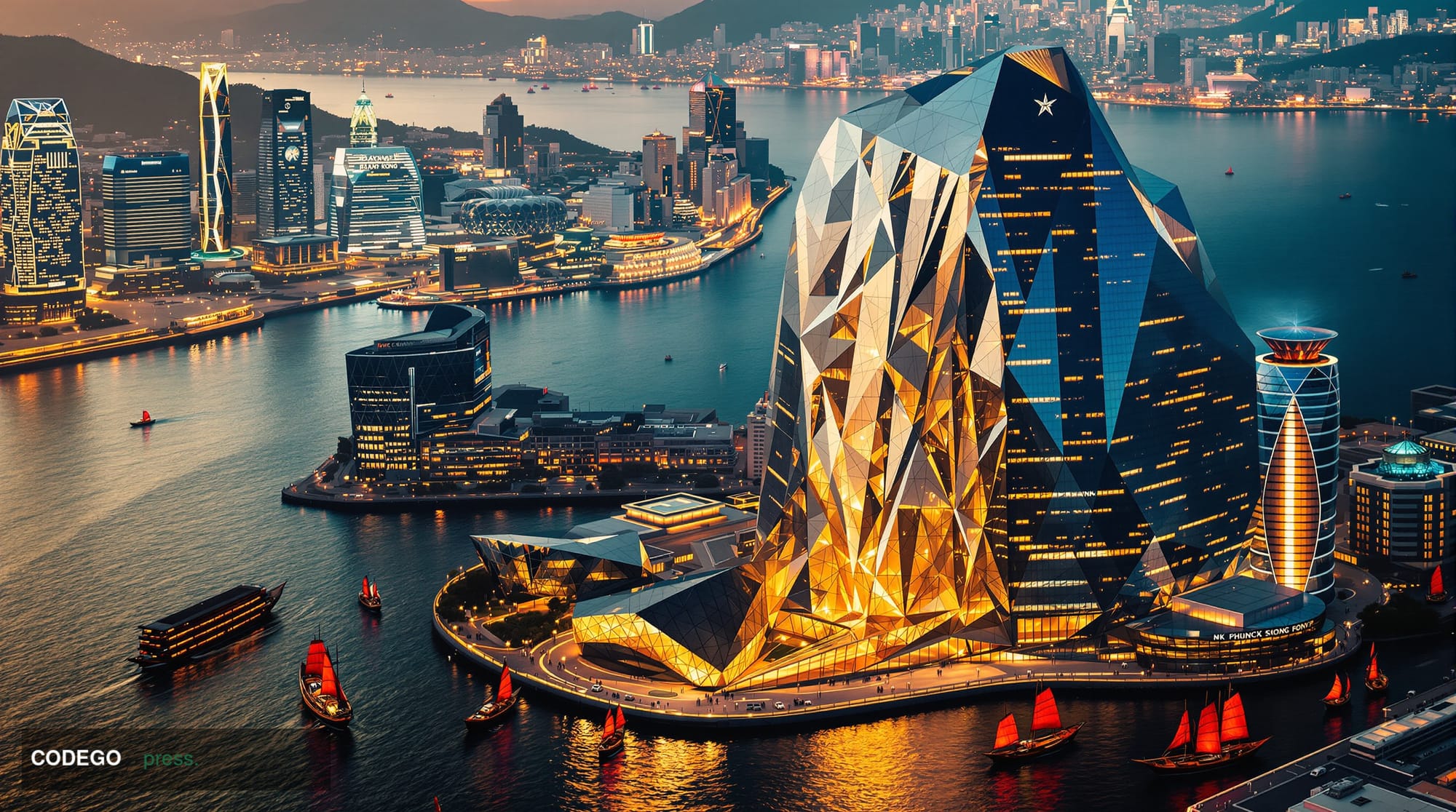 A dramatic aerial view of Hong Kong's Central business district at golden hour, showcasing the iconic skyline with <a href="h