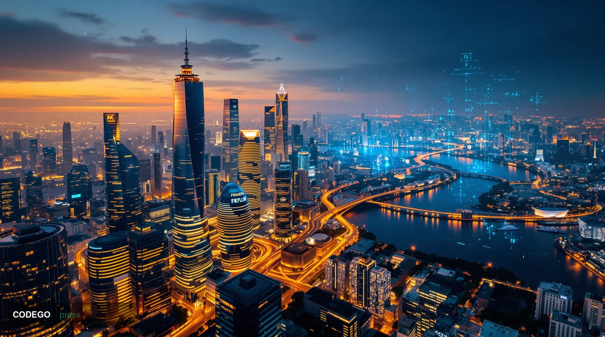 A dramatic aerial view of Shanghai's Lujiazui financial district at twilight, showcasing the iconic Oriental Pearl Tower and 