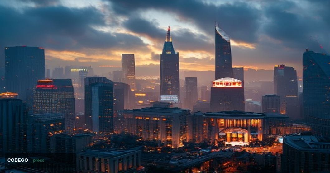 A cinematic editorial photograph capturing China's financial district in Beijing or Shanghai at dusk, with modern skyscrapers