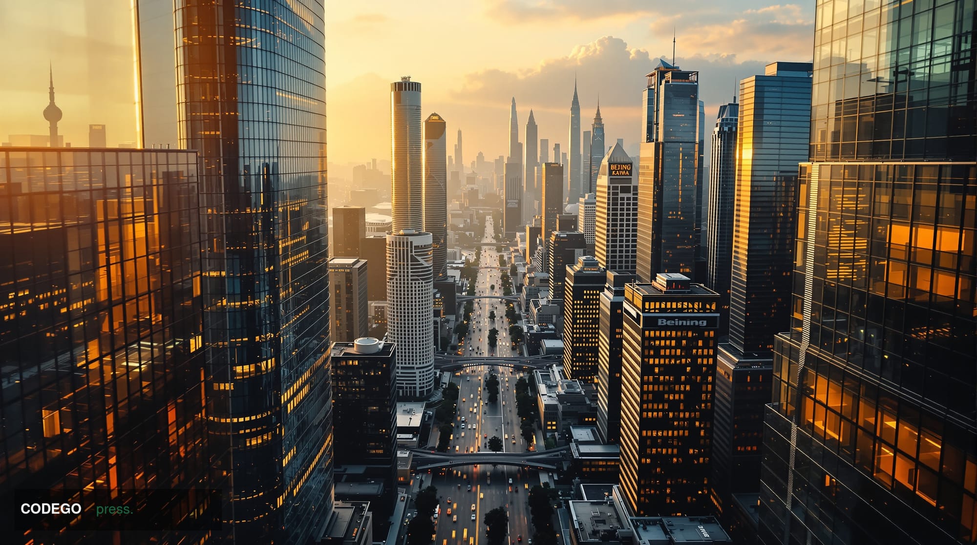 A dramatic aerial view of Beijing's Central Business District at golden hour, featuring the iconic China Central Television h