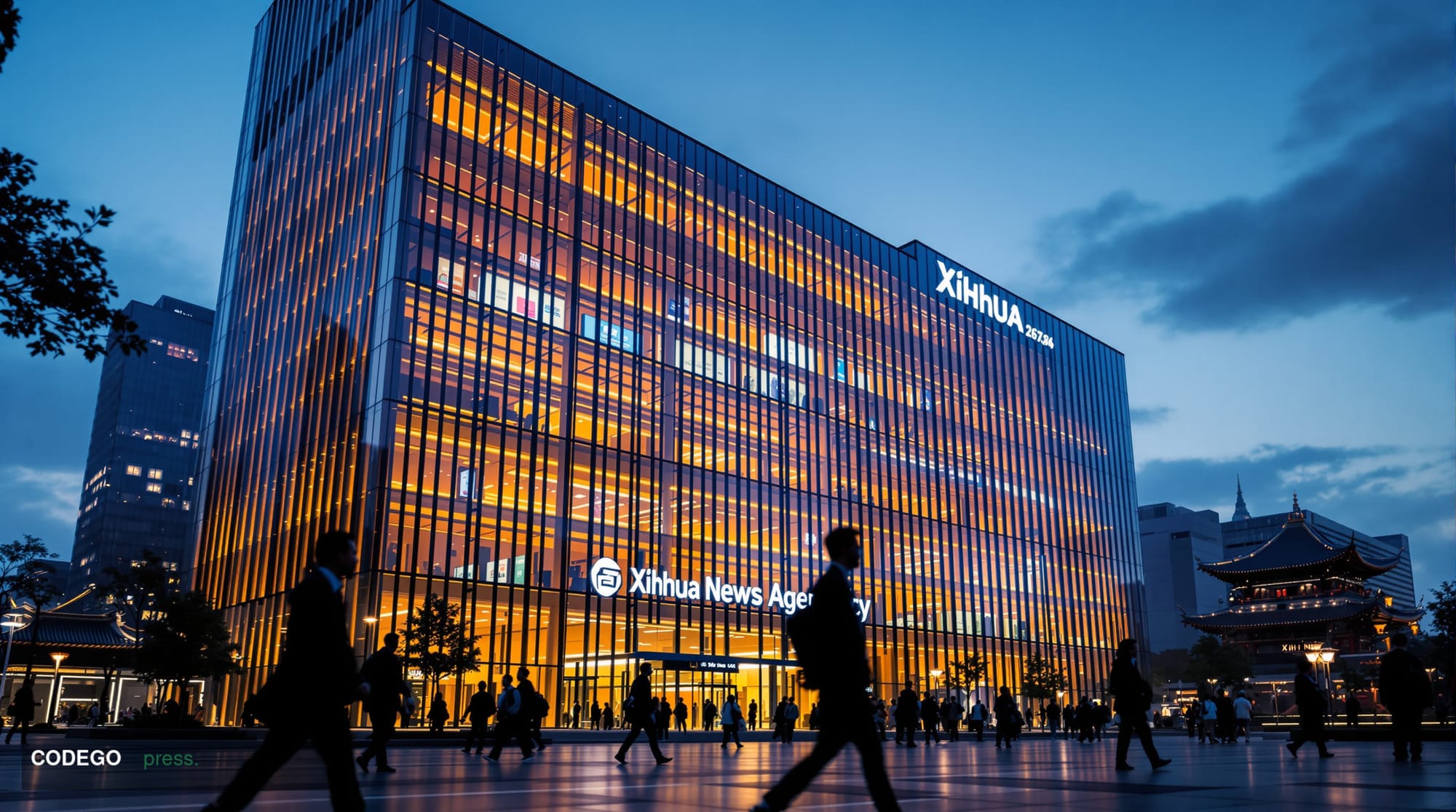 A photorealistic editorial photograph showing the imposing Xinhua News Agency headquarters building in Beijing at dusk, captu
