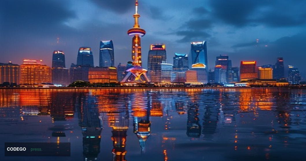A dramatic photorealistic editorial photograph of Shanghai's Lujiazui financial district at dusk, featuring the iconic skylin