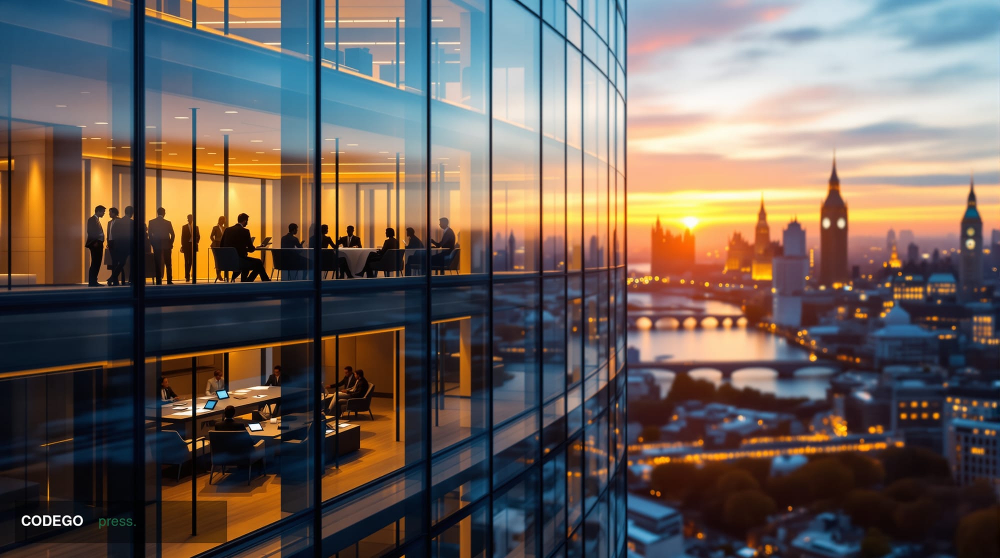 A cinematic editorial photograph showing a modern London financial district office building at golden hour, with warm amber s
