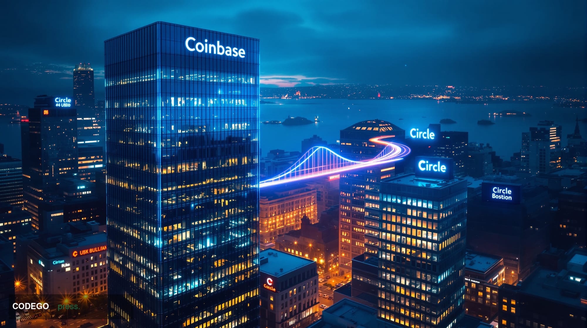 A dramatic aerial view of Coinbase's headquarters in San Francisco with Circle's Boston office visible in an artistic split-s