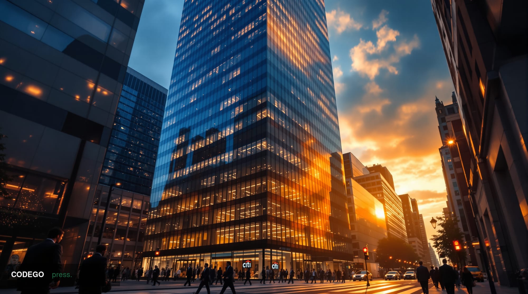 A cinematic editorial photograph showcasing Citi's corporate headquarters at 388 Greenwich Street in New York City's Tribeca 