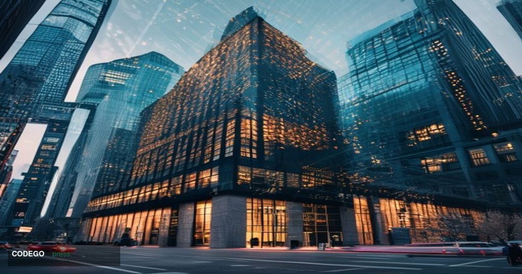A photorealistic editorial photograph capturing the intersection of traditional Wall Street finance and blockchain technology