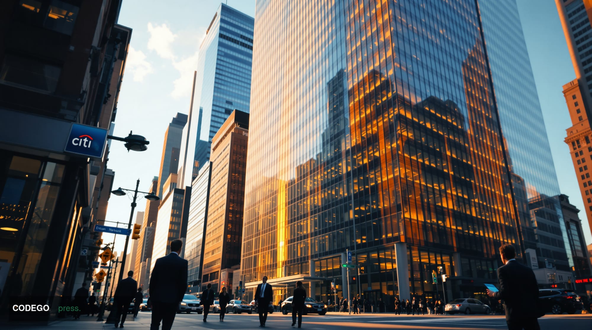 A cinematic editorial photograph showcasing Citi's Manhattan headquarters at 388-390 Greenwich Street, shot from a low angle 
