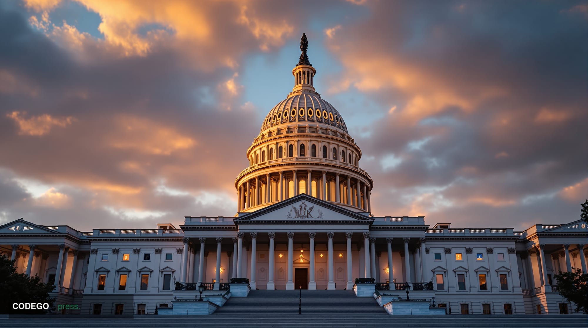 A dramatic wide-angle shot of the United States Capitol building in Washington DC during golden hour, with the iconic dome pr