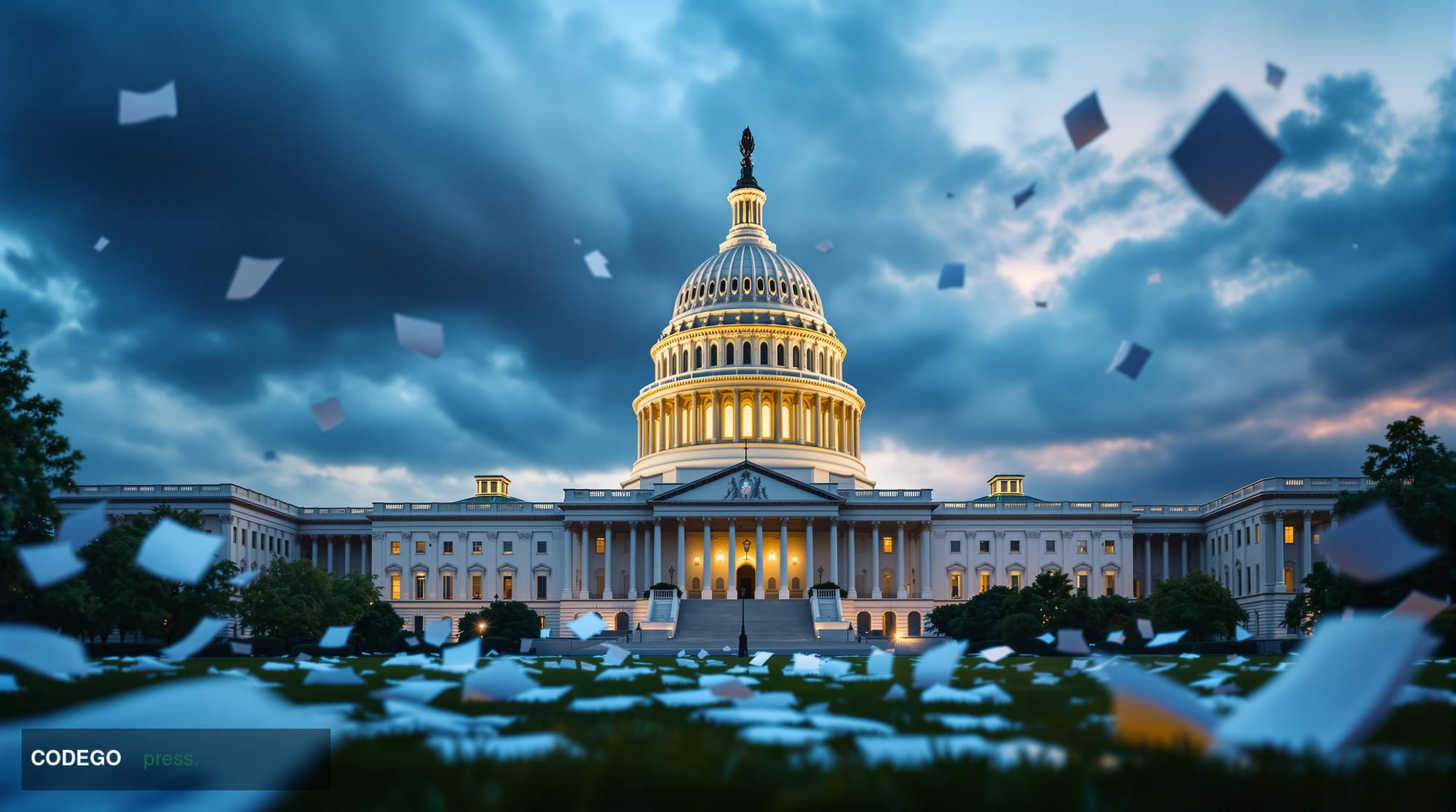 A photorealistic 8K editorial photograph of the United States Capitol building at dusk, shot from the west lawn perspective s