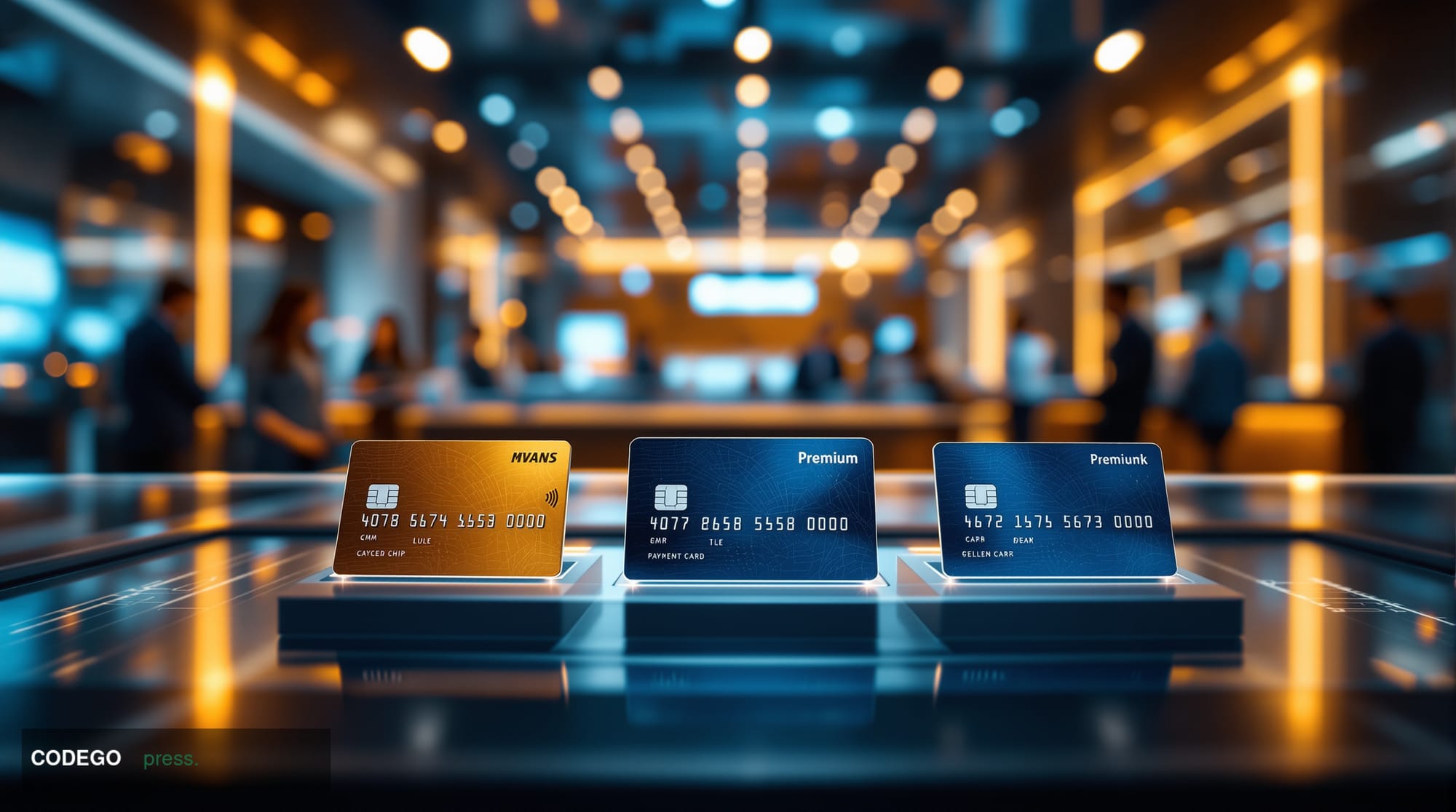 A cinematic editorial photograph showcasing a modern retail banking environment with co-branded debit cards prominently displ