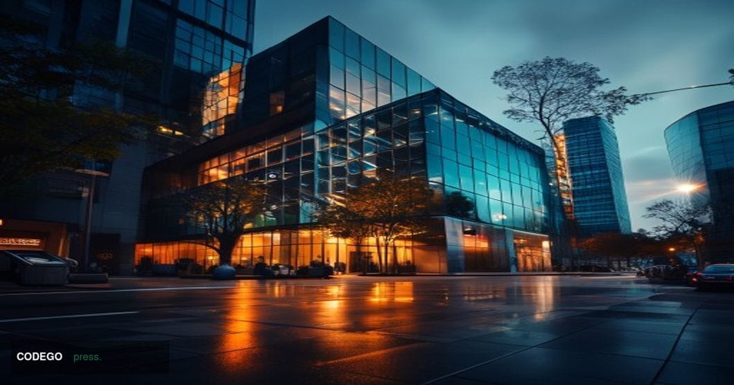 A photorealistic editorial photograph showing the modern glass facade of Coinbase's corporate headquarters or office building