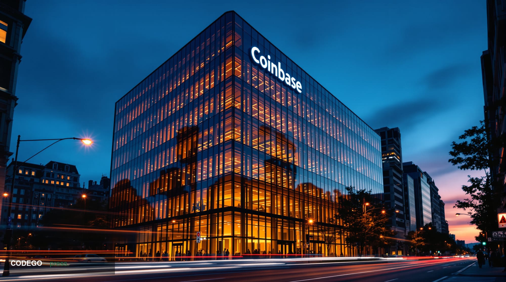 Photorealistic 8K editorial photograph showing Coinbase's modern San Francisco headquarters building exterior with its distin