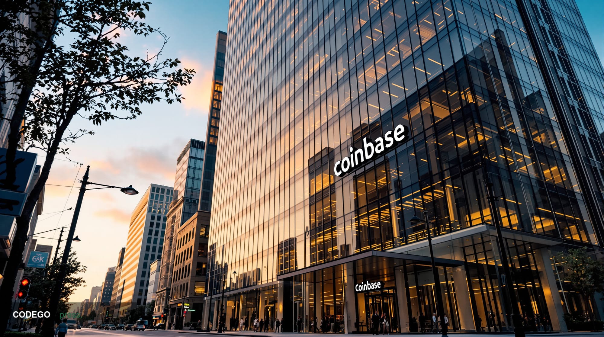 A photorealistic editorial photograph showing Coinbase's modern San Francisco headquarters building in the foreground, with i