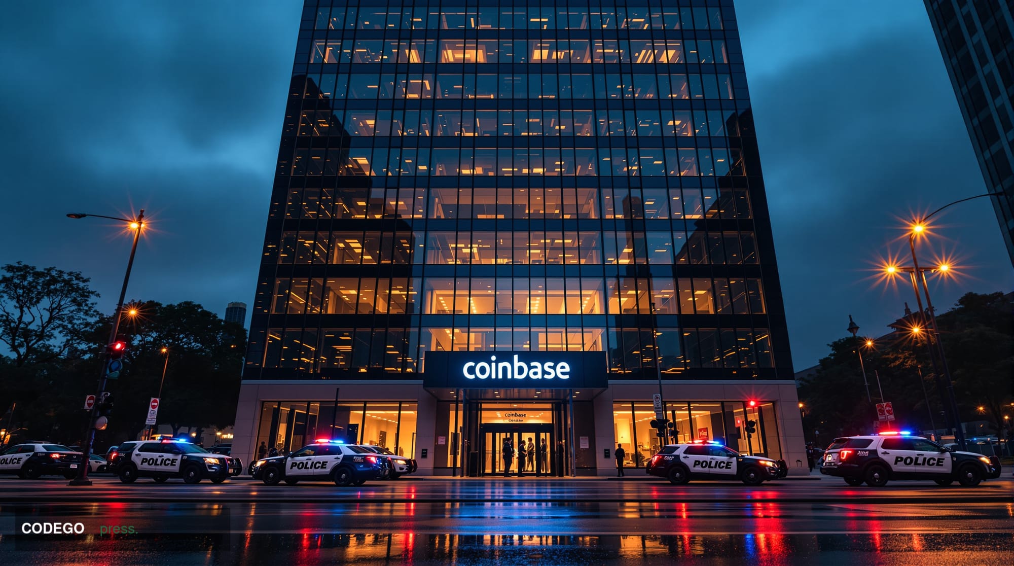 A dramatic editorial photograph of Coinbase's San Francisco headquarters exterior at dusk, with the iconic glass facade refle