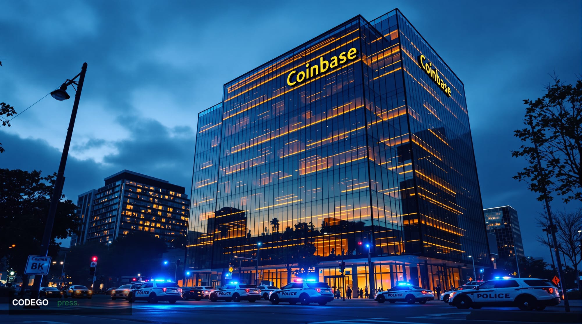 A dramatic photorealistic editorial photograph showing Coinbase's San Francisco headquarters at dusk, with the distinctive gl