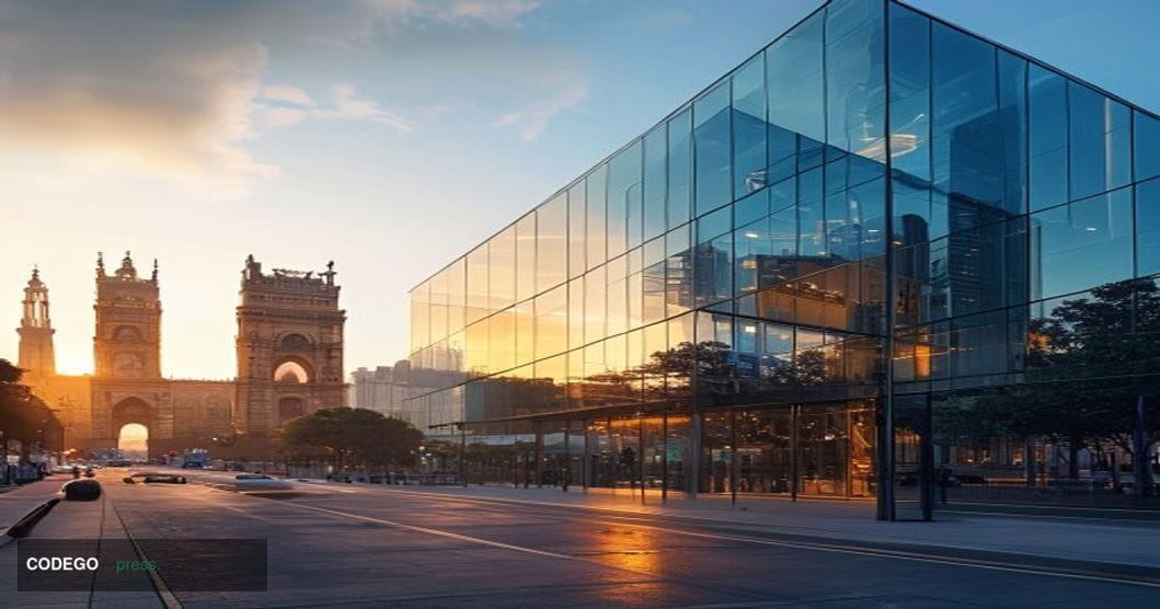 A photorealistic 8K editorial photograph showing Coinbase's San Francisco headquarters building in the foreground with "Coinb
