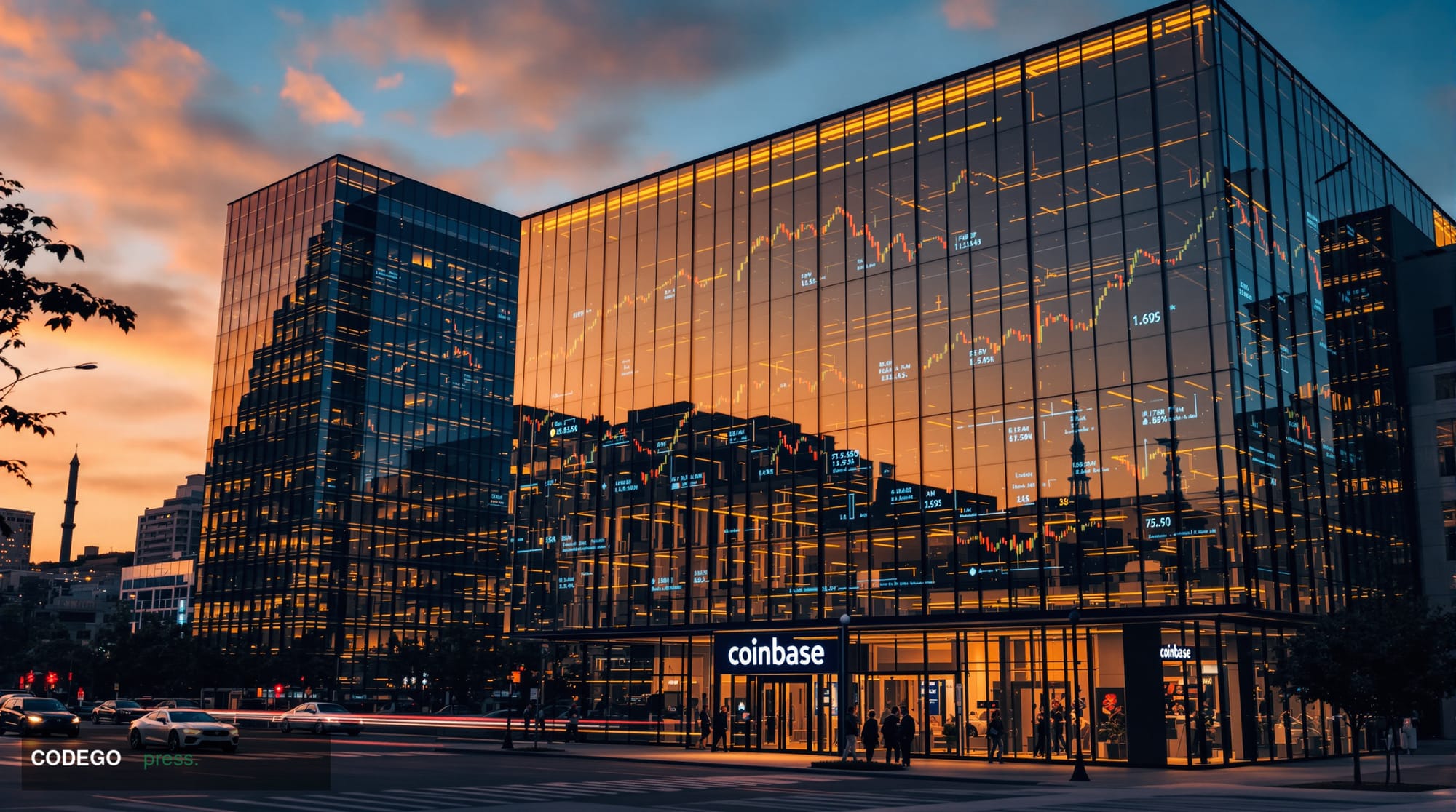 A cinematic editorial photograph of Coinbase's distinctive glass and steel headquarters building in San Francisco's South Bea