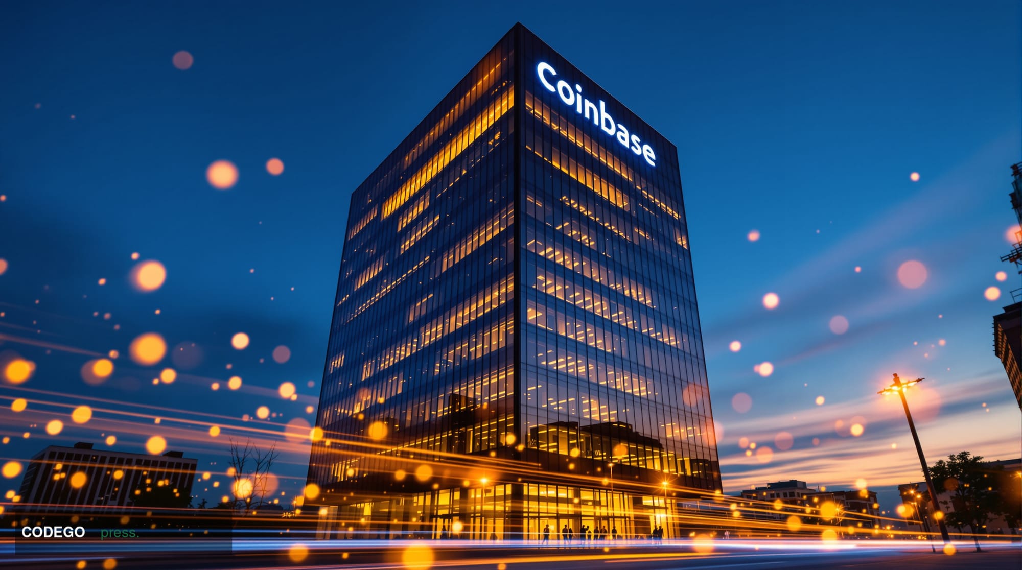 A striking editorial photograph of Coinbase's San Francisco headquarters building at dusk, shot from a low angle to emphasize