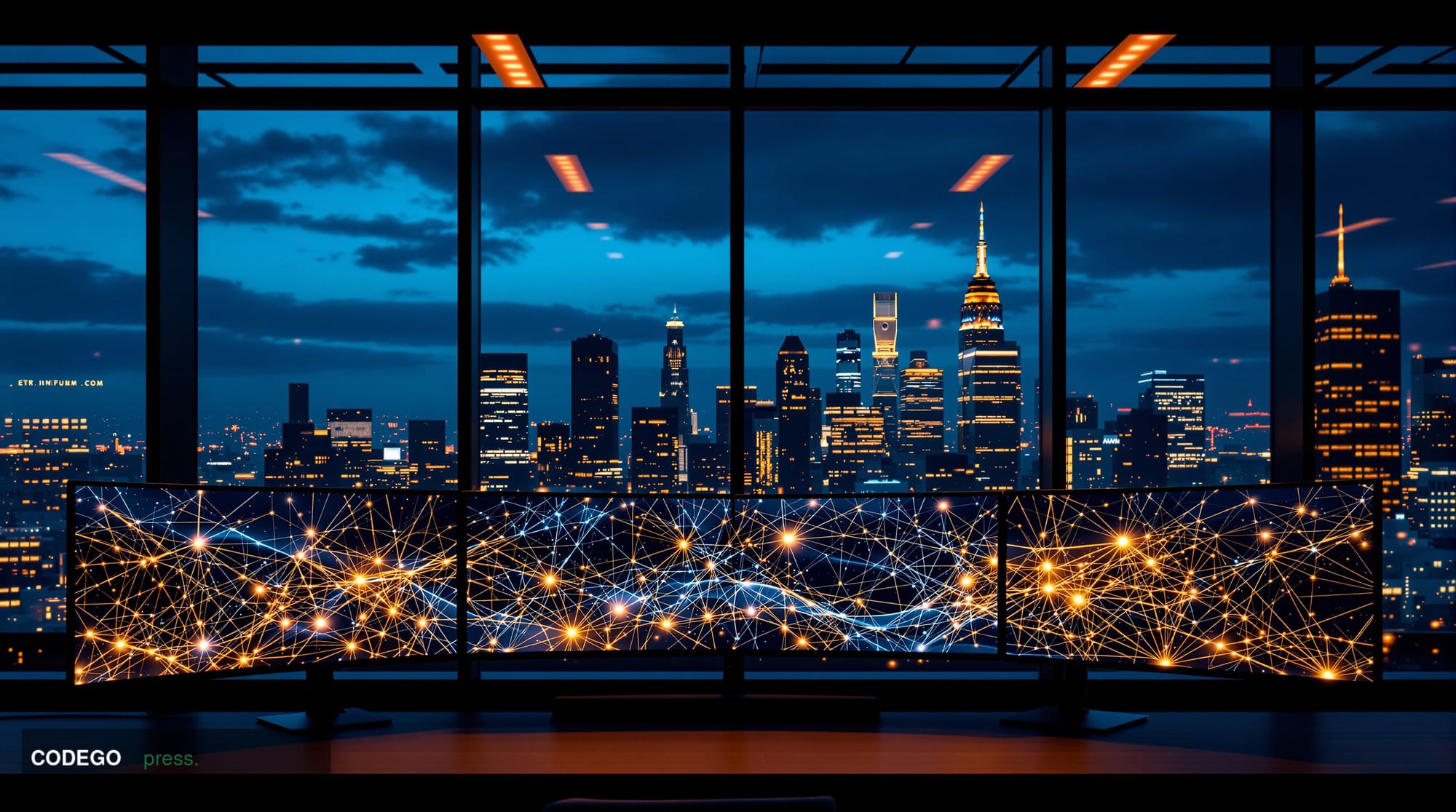 A cinematic editorial photograph showcasing the intersection of artificial intelligence and blockchain technology in a modern