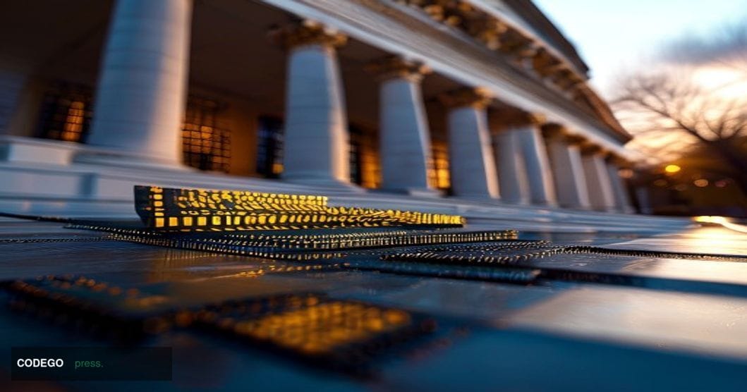 A cinematic editorial photograph showing the imposing facade of the US Department of Commerce building in Washington DC, shot