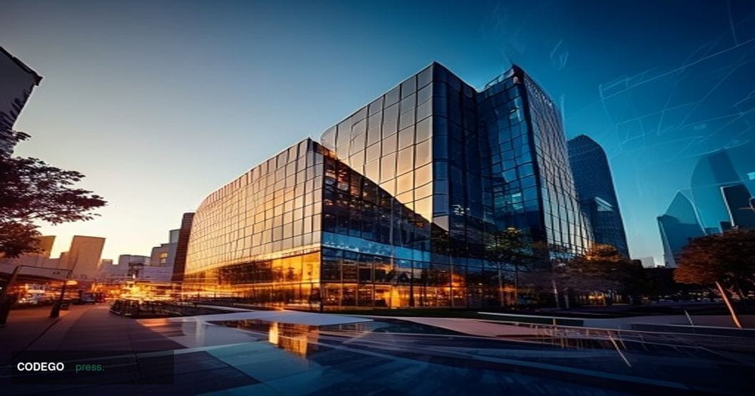A cinematic editorial photograph showcasing Coinbase's San Francisco headquarters building in the South of Market district, c