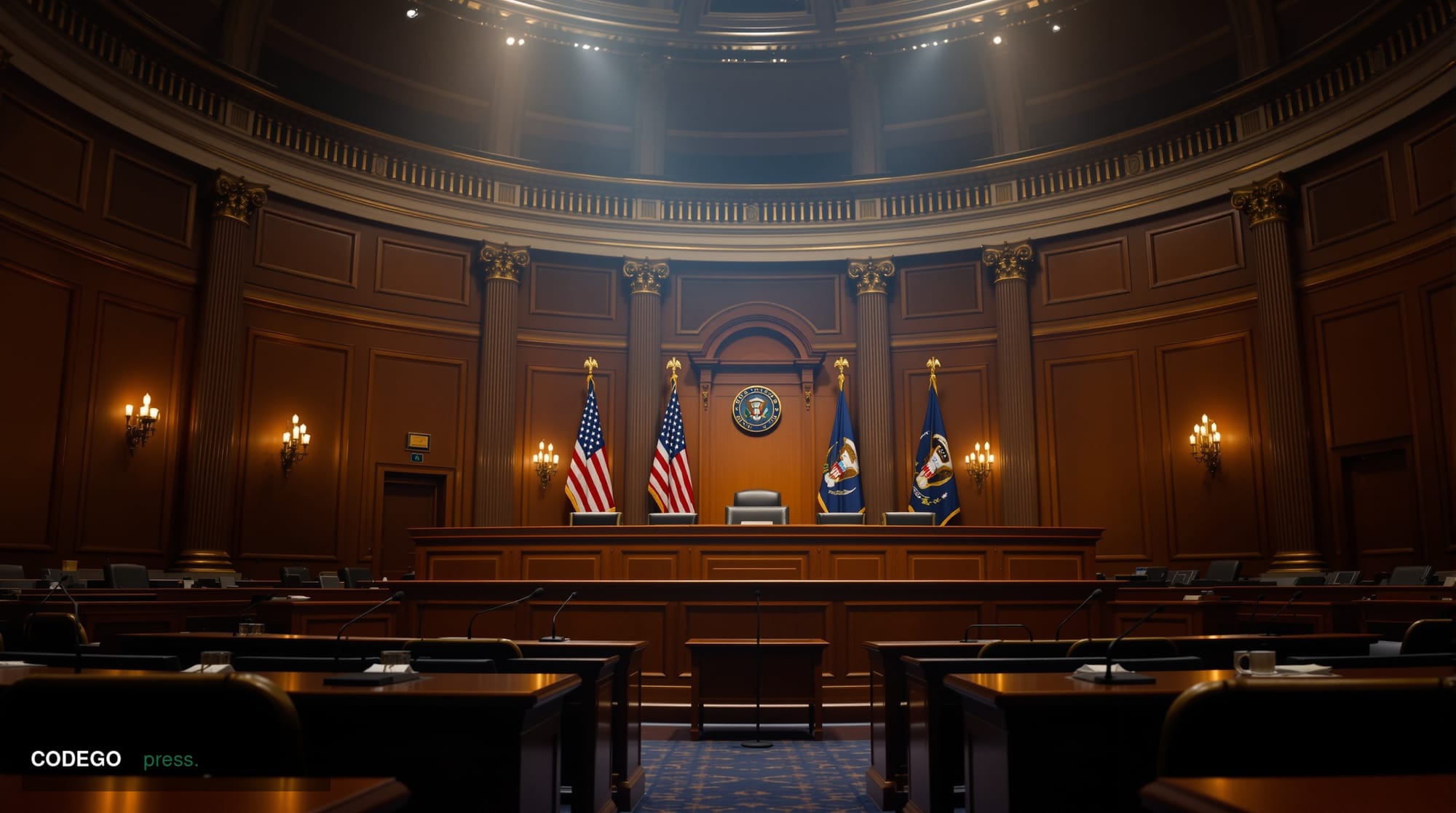 A dramatic editorial photograph capturing the tension of a congressional oversight hearing in the US Capitol building. The sc