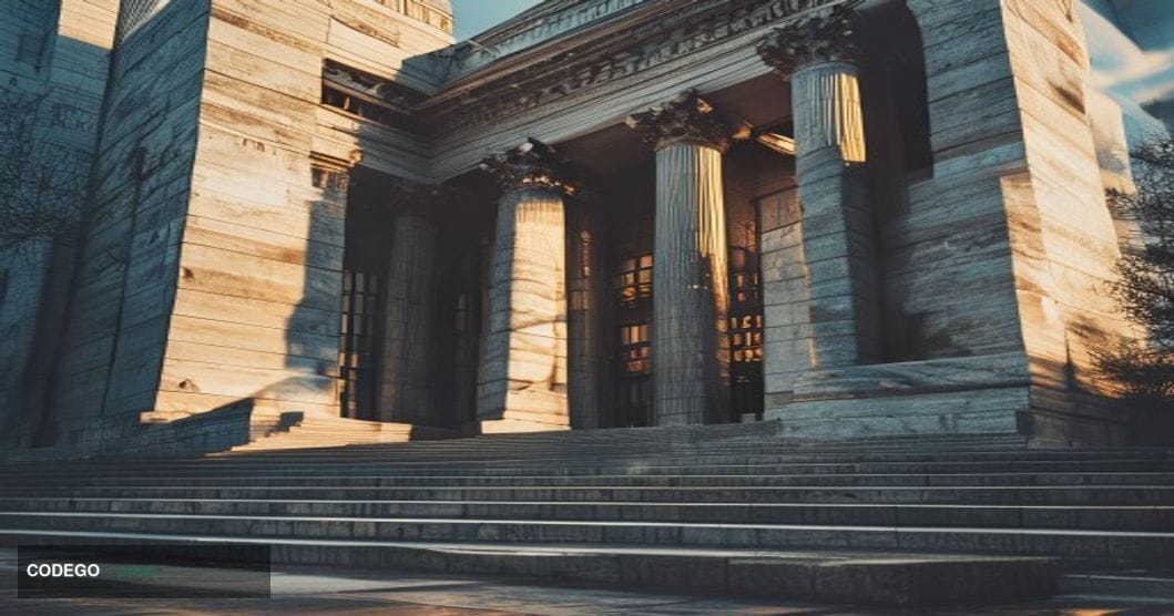 A cinematic editorial photograph showing the imposing neoclassical facade of the US Department of Labor headquarters building