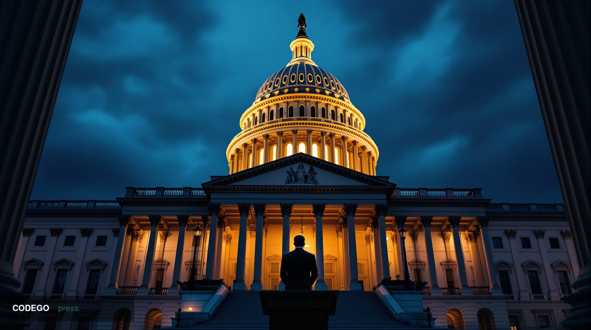 A dramatic photorealistic editorial photograph showing the imposing neoclassical facade of the U.S. Capitol building in Washi