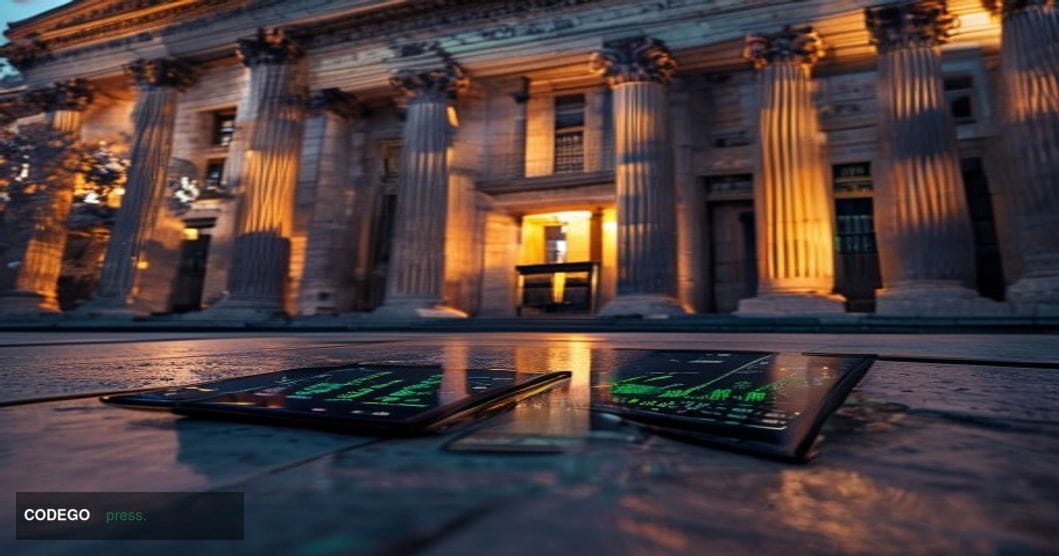 A cinematic editorial photograph of a modern U.S. federal courthouse exterior at golden hour, with dramatic warm lighting cas