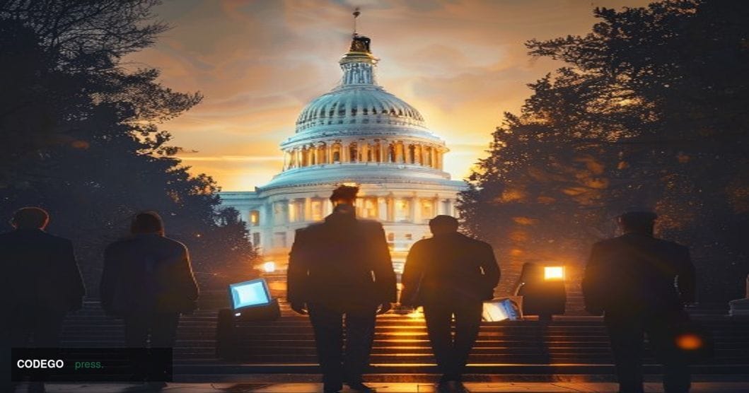 A cinematic editorial photograph capturing the intersection of cryptocurrency and political power in Washington D.C. The scen