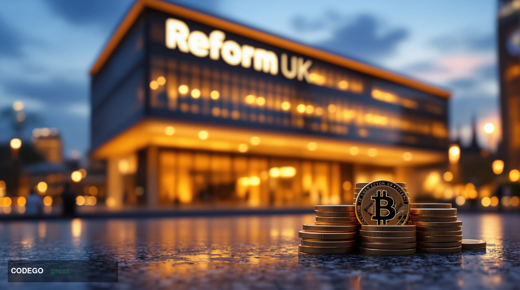A dramatic exterior shot of Reform UK's headquarters building in London, captured during the golden hour with warm amber ligh