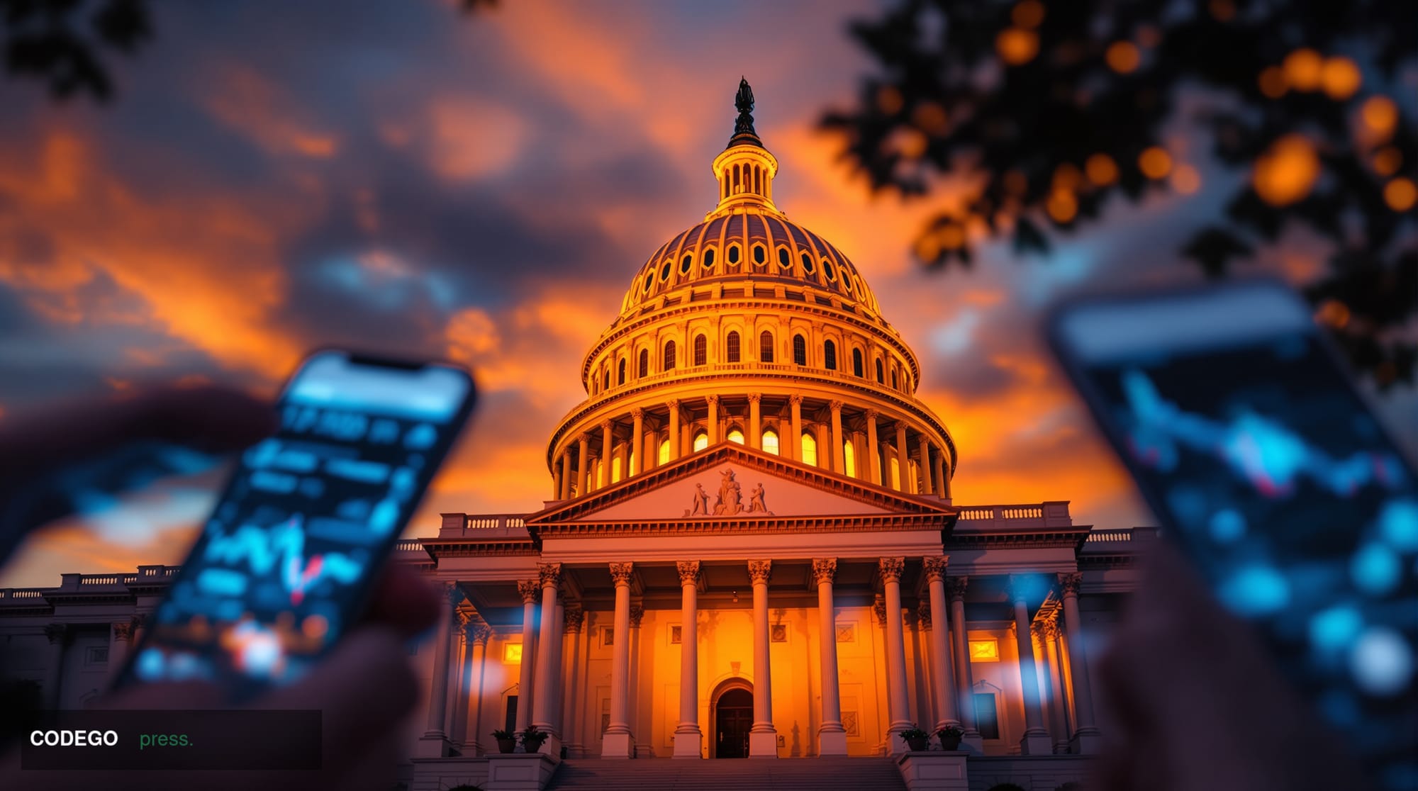 A dramatic editorial photograph of the United States Capitol building in Washington D.C., shot during golden hour with warm a