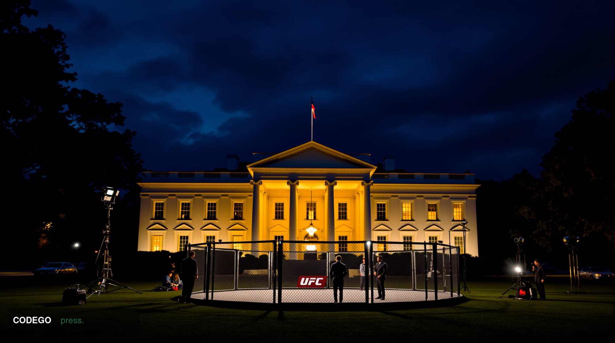 A dramatic cinematic photograph of the White House South Lawn at dusk, with the iconic neoclassical facade illuminated by war
