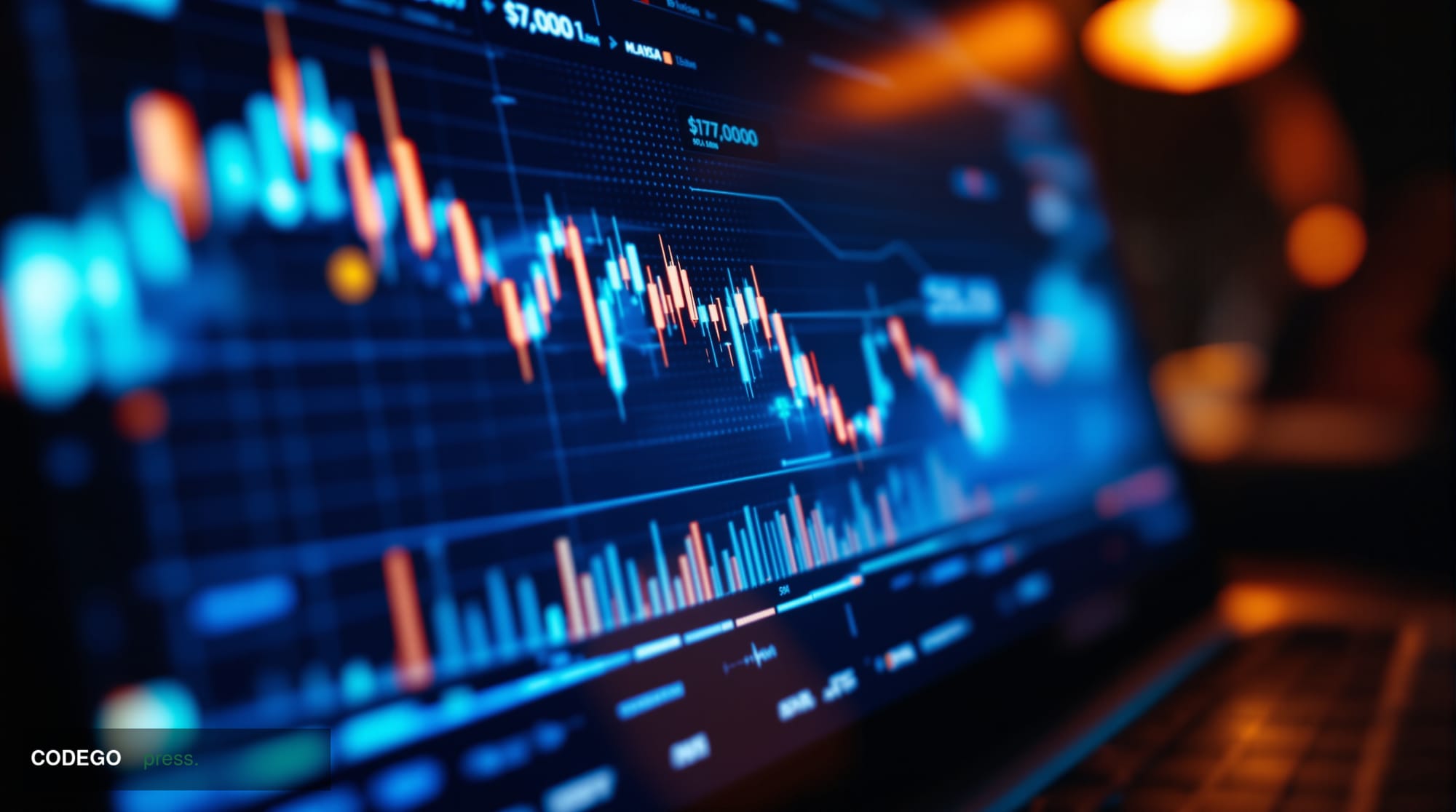 A dramatic financial trading floor scene showing multiple screens displaying red cryptocurrency price charts with Bitcoin pro