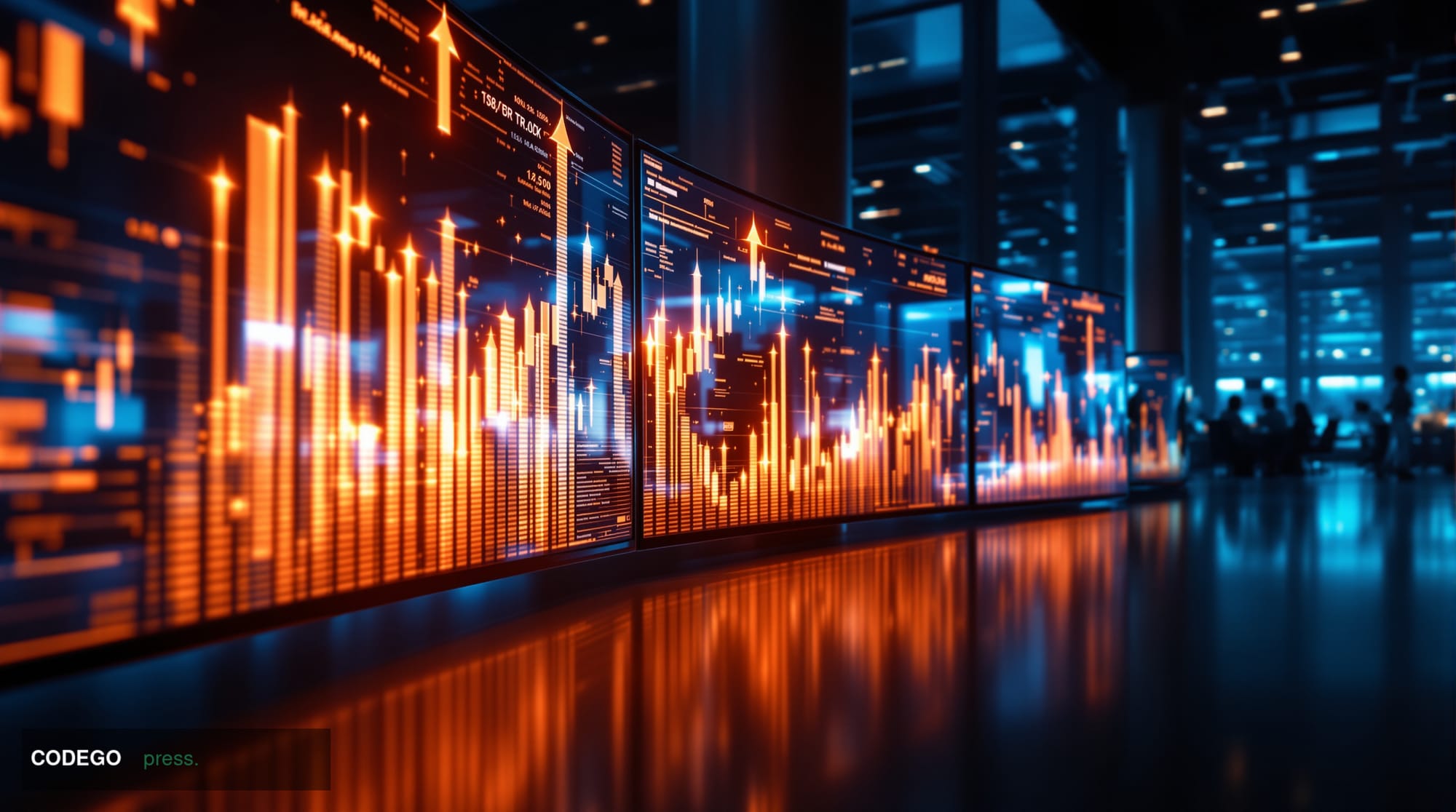 A dramatic financial trading floor scene captured in photorealistic 8K quality with cinematic editorial lighting. The foregro