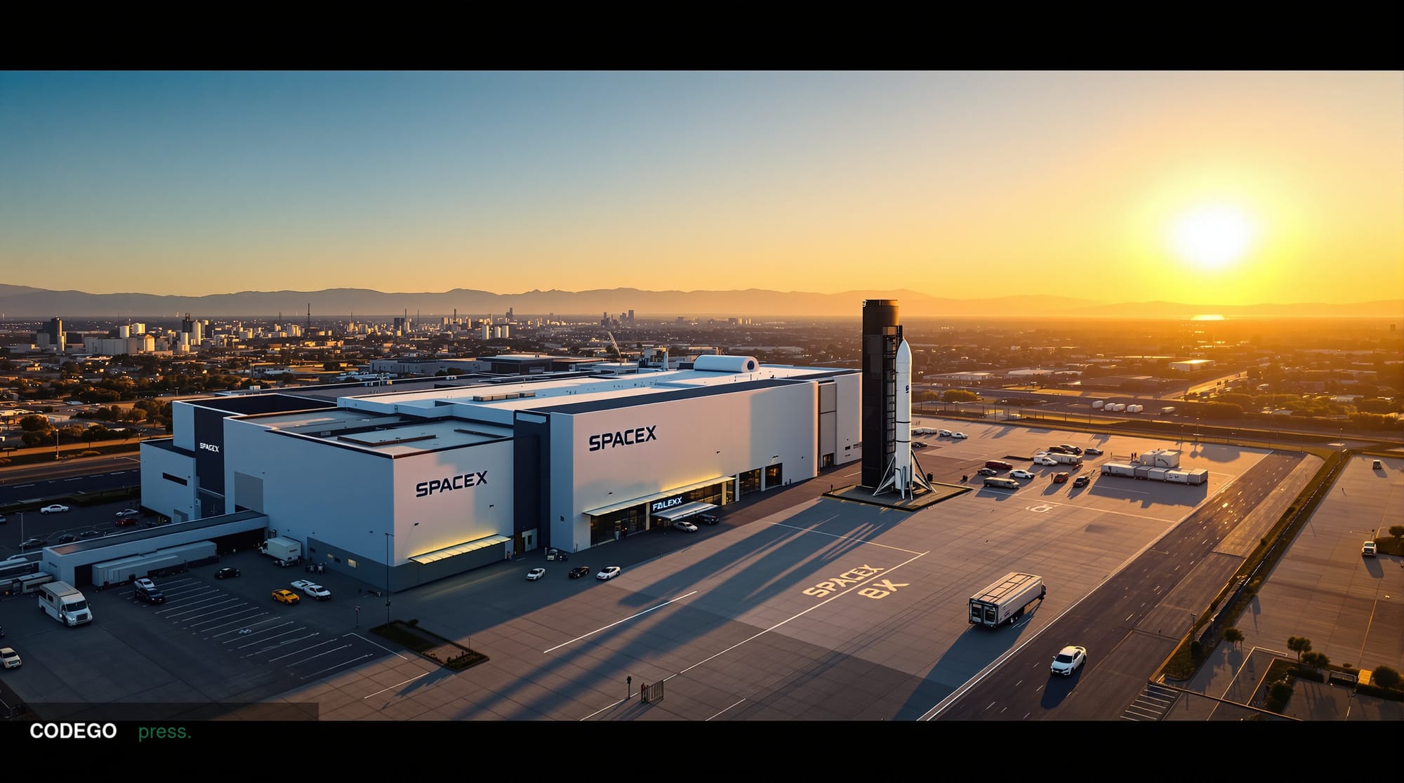 A dramatic aerial photograph of SpaceX's Hawthorne headquarters in California at golden hour, with the iconic rocket manufact
