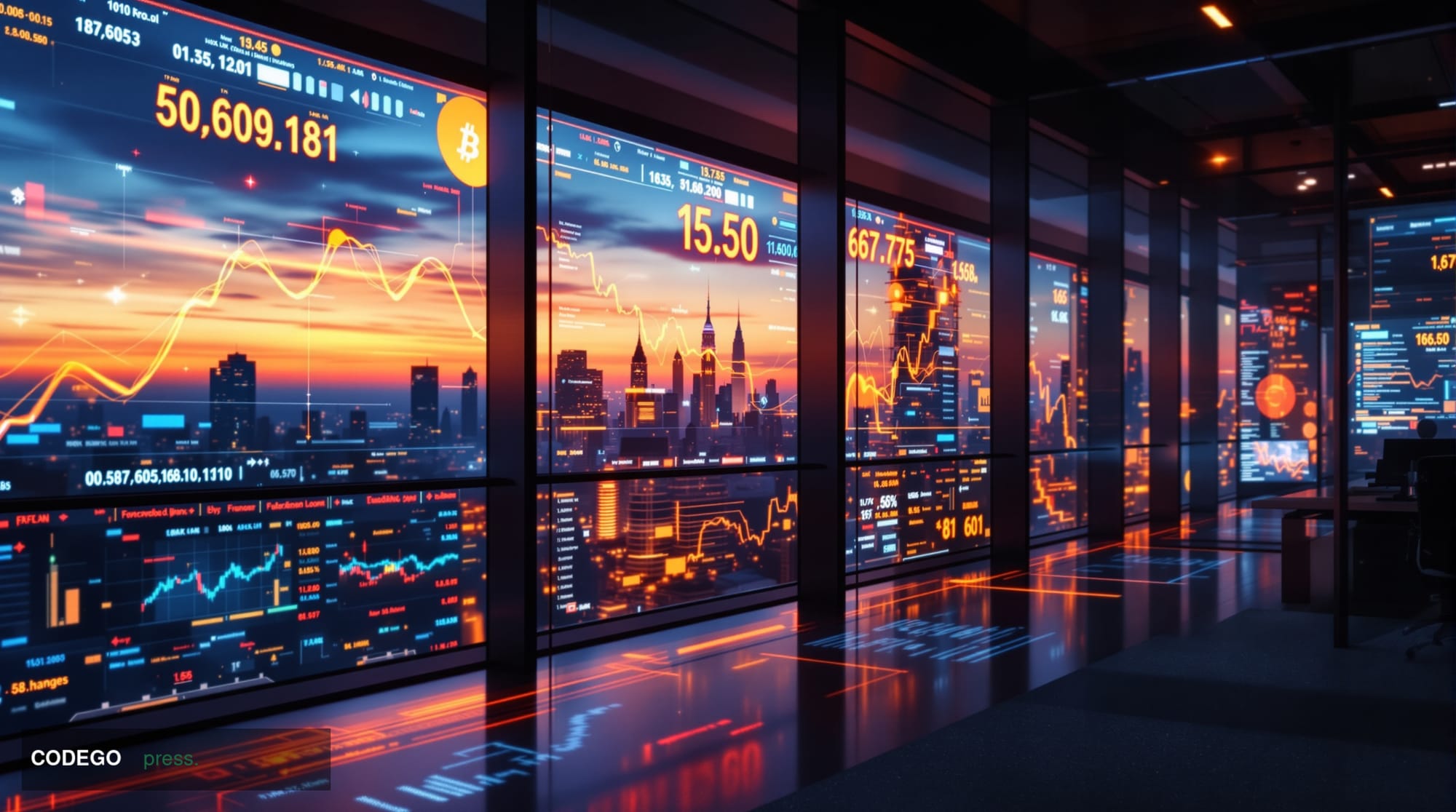 A photorealistic editorial photograph showing a modern cryptocurrency trading floor or fintech office environment with multip