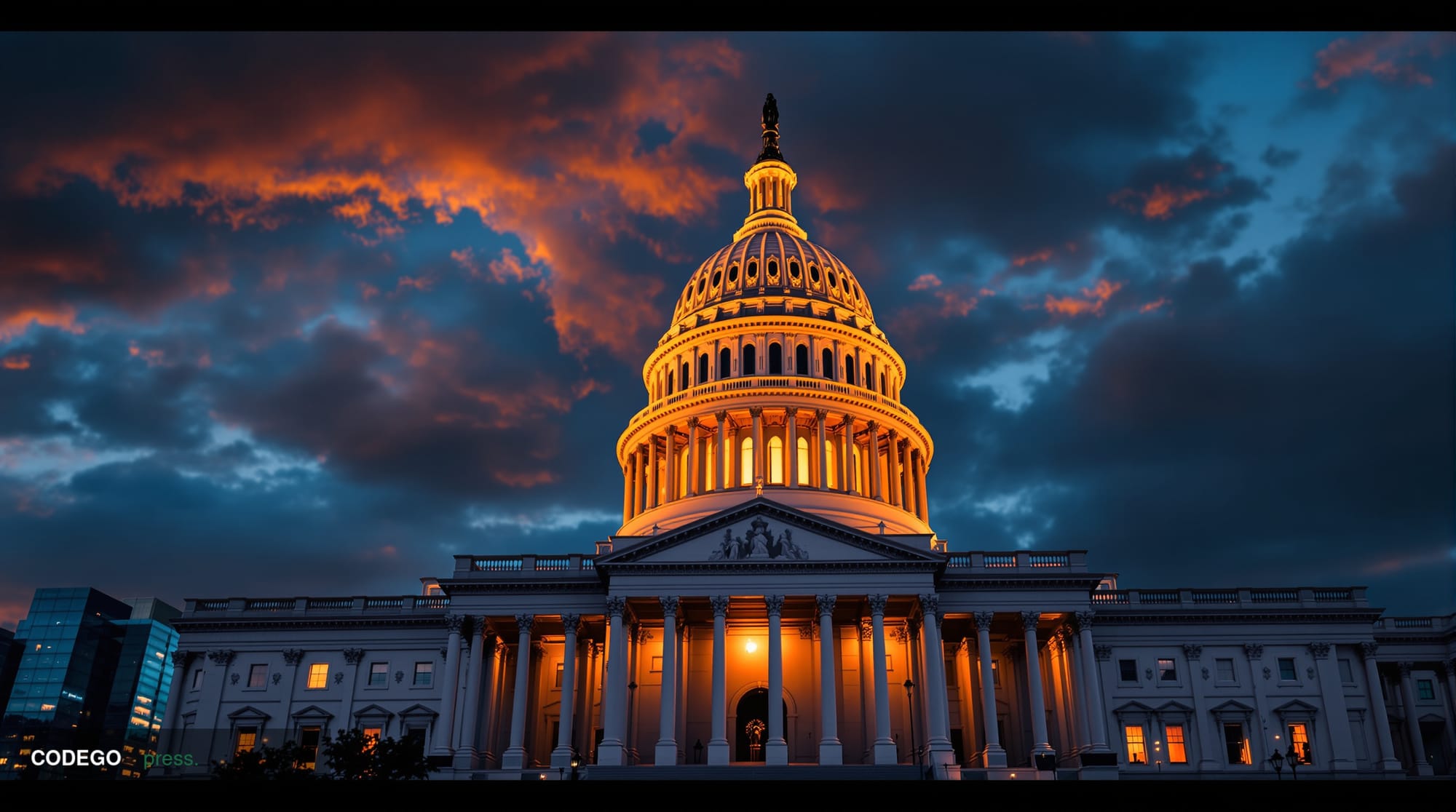 A dramatic wide-angle photograph of the U.S. Capitol building's distinctive dome and neoclassical columns captured from the H