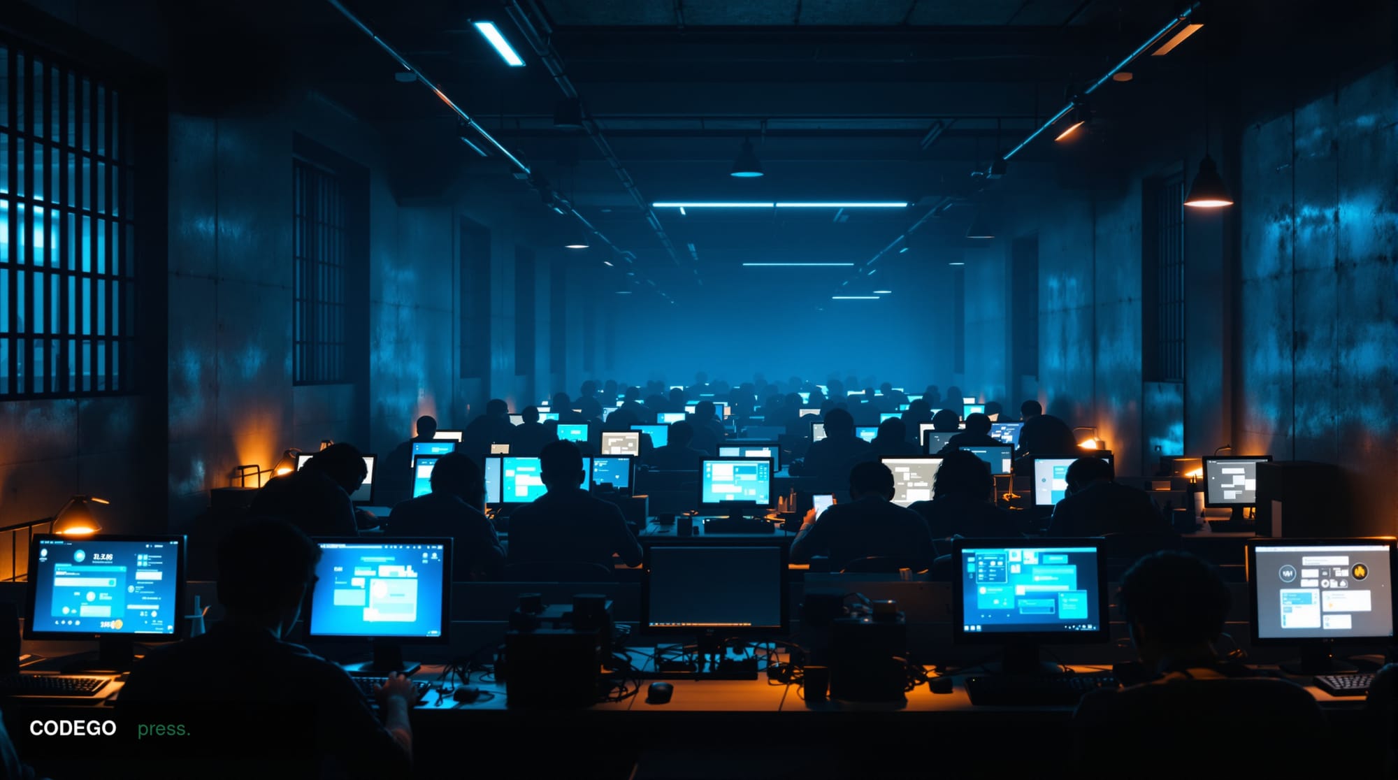 A dramatic photorealistic editorial photograph showing a dimly lit internet café or scam compound interior in Southeast Asia,