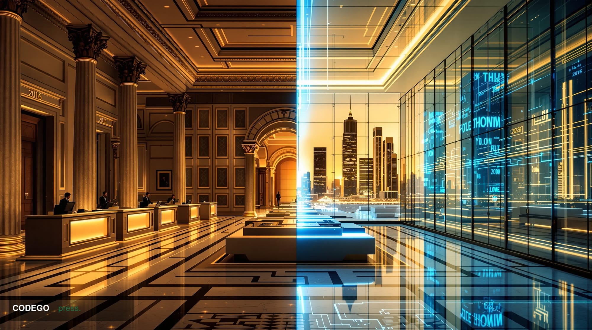 A cinematic editorial photograph showing the evolution of financial technology through a split-screen concept: the left side 
