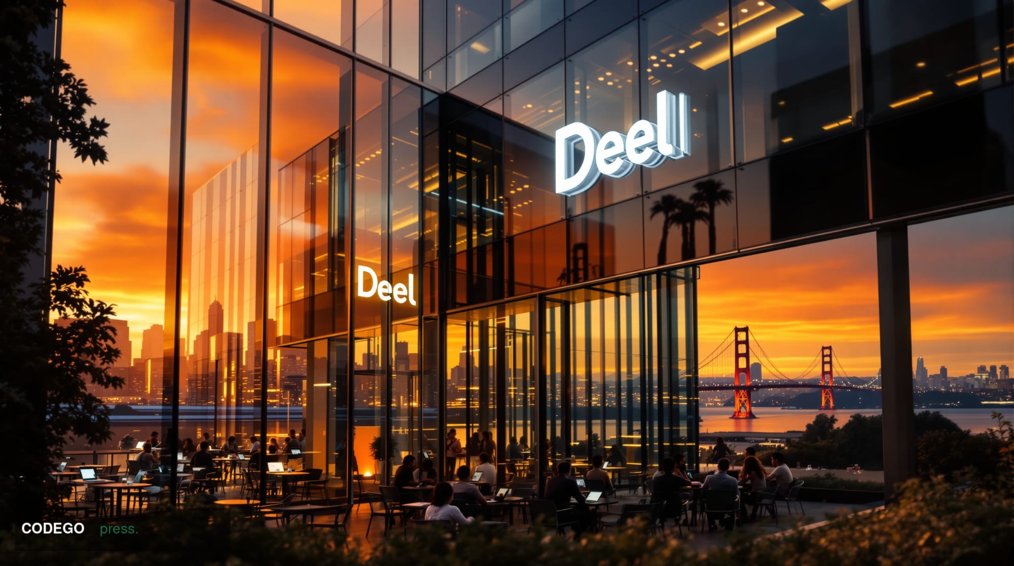 A cinematic editorial photograph showing Deel's San Francisco headquarters exterior during golden hour, with the company logo