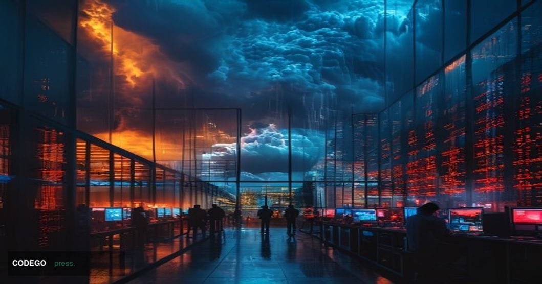 A cinematic editorial photograph showing a modern blockchain data center or cryptocurrency exchange office building at dusk, 