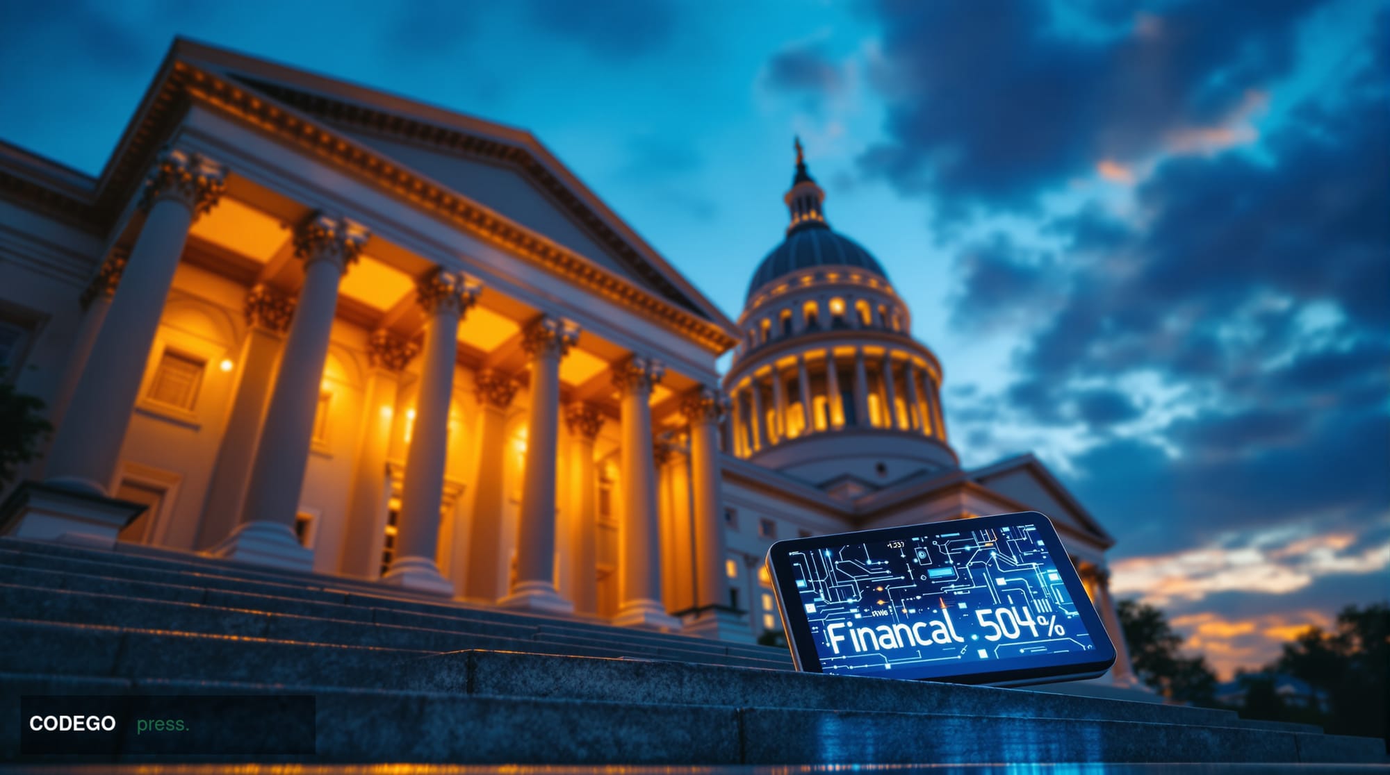 A dramatic editorial photograph showcasing the legislative halls of Delaware's State Capitol building in Dover, captured from