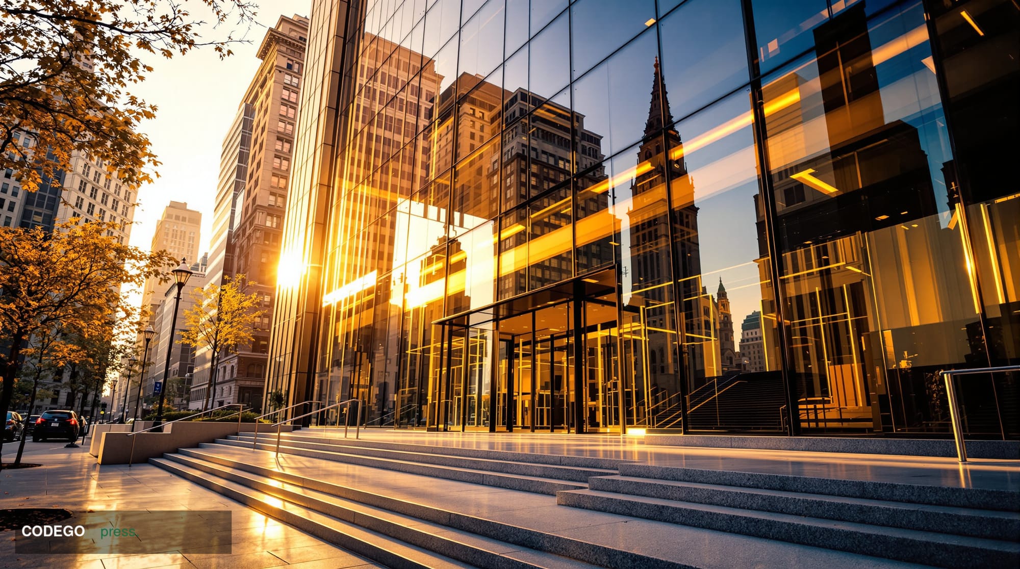 A photorealistic editorial photograph showing the sleek glass facade of Digital Asset's corporate headquarters building in Ne