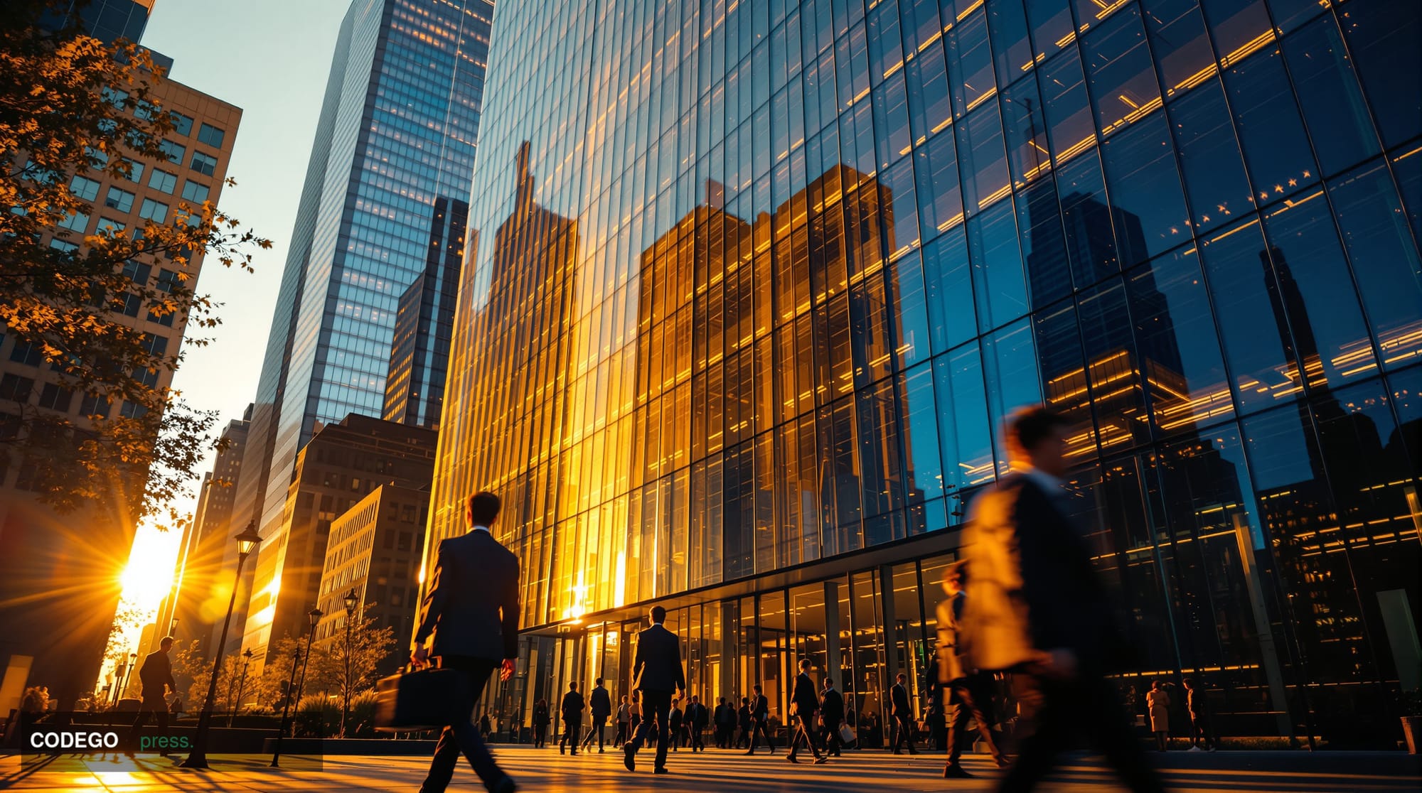 A cinematic editorial photograph of Digital Asset's modern corporate headquarters building in New York City, shot during gold