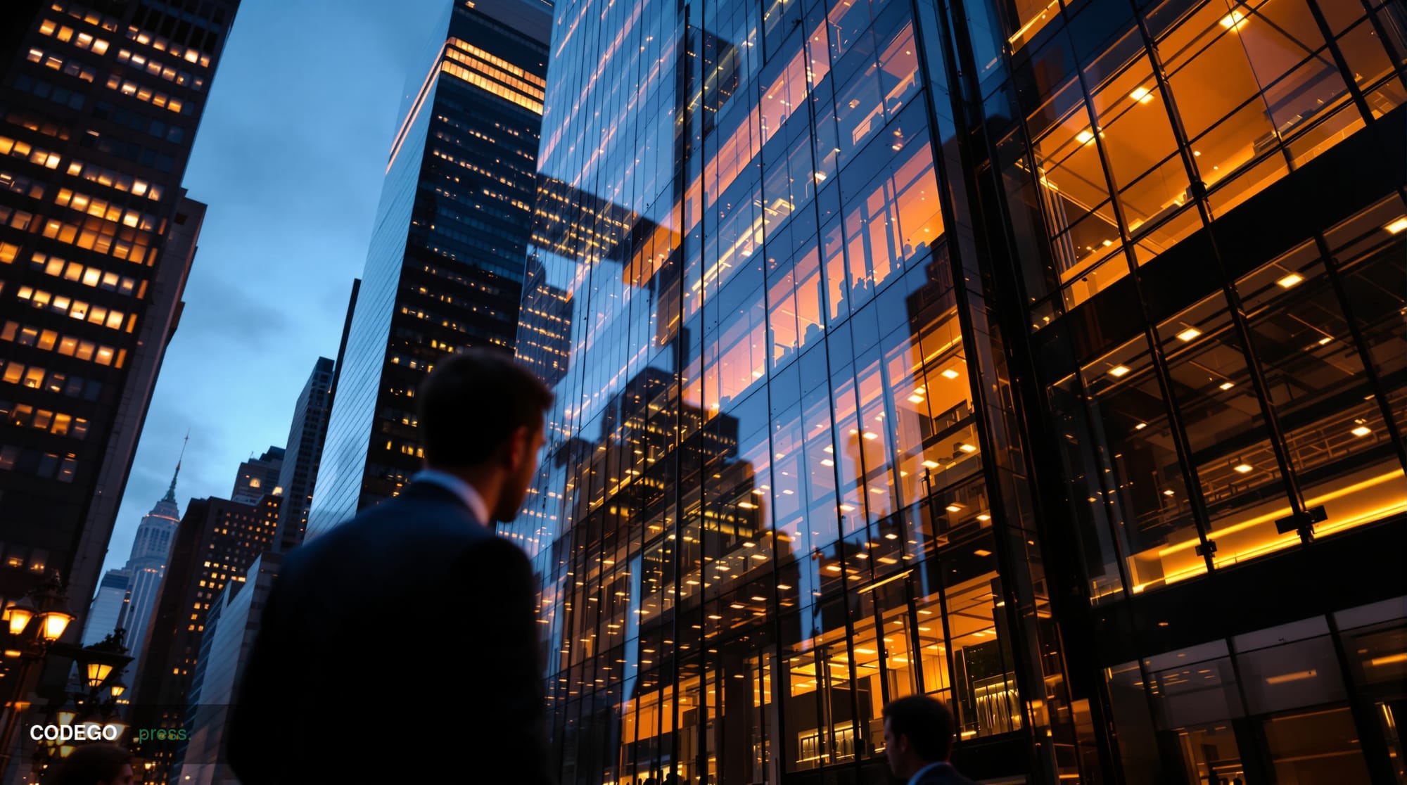 A cinematic editorial photograph showcasing Digital Asset's New York headquarters in a gleaming Manhattan financial district 